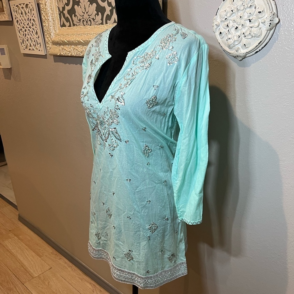 Embroidered beaded mint Aqua Tunic Top - Picture 6 of 10